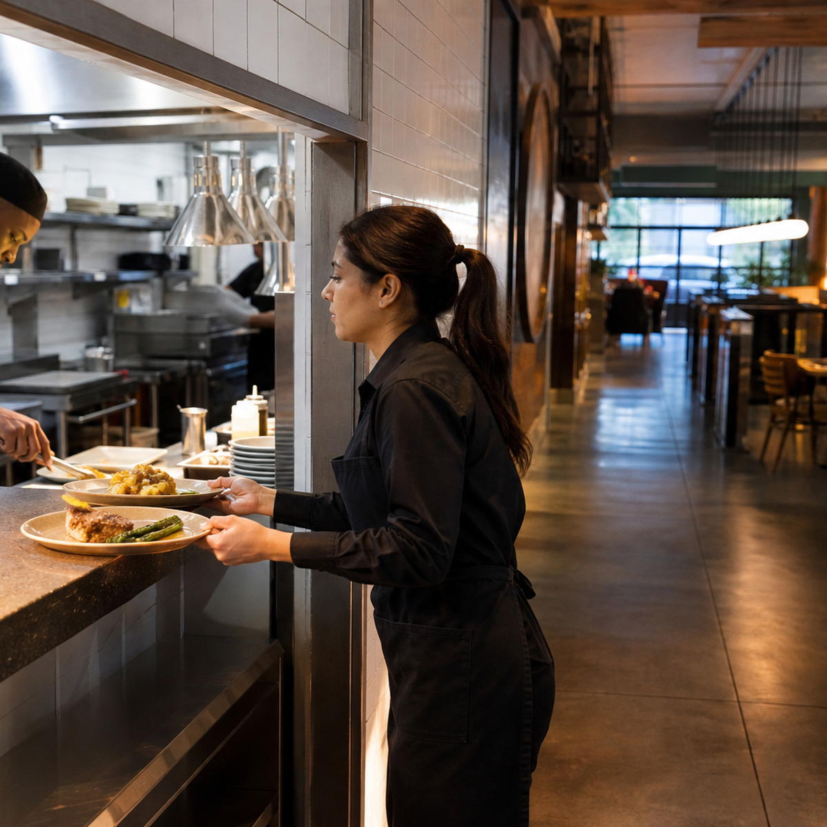 餐厅服务员在厨房交接点接收装盘餐食，厨房至餐桌的服务路线保持畅通。
